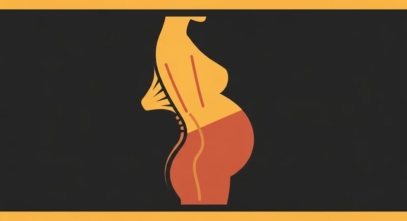 Flat illustration of a side-profile silhouette showing the postpartum posture pattern: ribs flared, lower back over-arched, shoulders rounded forward, in honey-gold and terracotta on dark charcoal