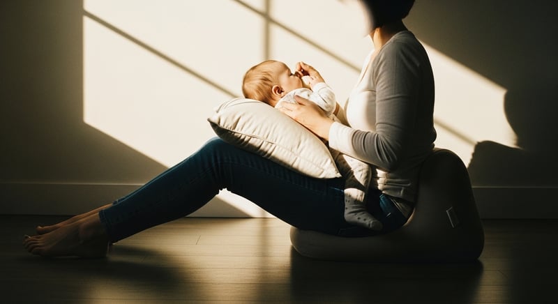 Editorial photograph of a parent feeding a baby in a well-supported upright posture, pillows under the baby and behind the lower back, warm window light, face cropped above the nose