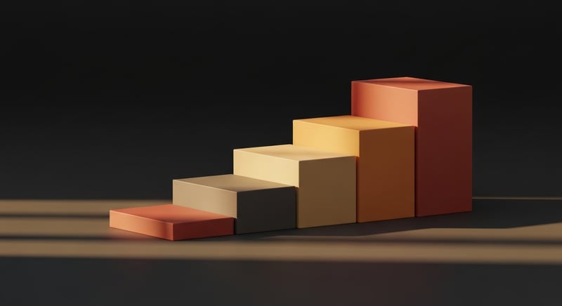 Clean geometric abstract of three ascending stepped platforms rising left to right, suggesting a staged recovery timeline, in terracotta, muted copper and honey-gold on dark charcoal