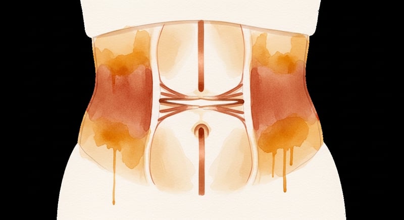 Loose watercolor illustration of the abdominal wall from the front showing the two rectus abdominis bands separated down the midline by a stretched central band, in warm honey-gold and terracotta on cream paper
