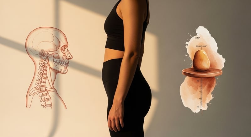 Flat illustration of a postpartum woman's side profile showing a forward-shifted posture with flared ribs and a tilted pelvis, in warm honey-gold on charcoal