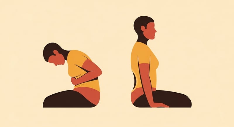 Minimal flat illustration of two side-profile figures on cream, one slumped with the torso compressed and the stomach area squeezed, one sitting tall with an open trunk, in honey-gold and terracotta.