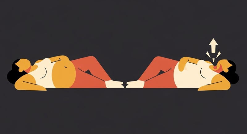 Minimal flat illustration of two reclining figures on dark charcoal, one on the left side with a calm stomach, one on the right side with acid rising, marked by honey-gold and terracotta arrows.