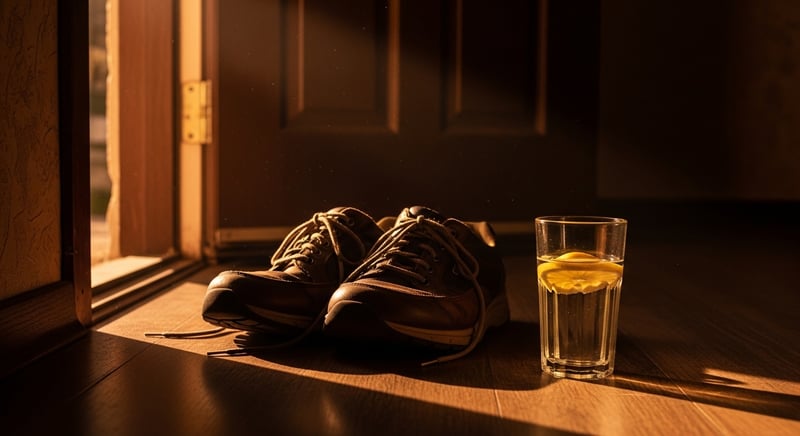 Cinematic still life in warm morning light of a pair of walking shoes by a door beside a glass of water, espresso and amber tones, suggesting a short walk after a meal.