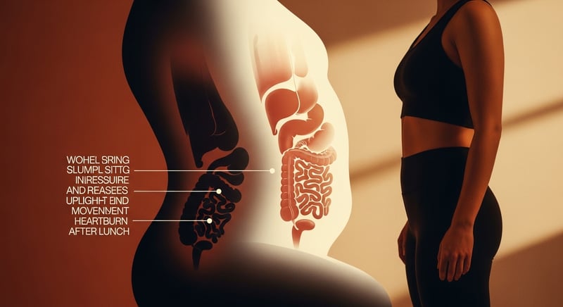 Editorial side-profile illustration in warm amber tones of a person slumped at a desk after lunch, the torso folded shut from ribs to pelvis.