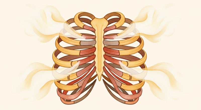 Illustrated lungs and ribcage with warm flowing tones suggesting breath and movement