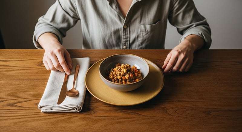 Anonymous figure sitting upright at a wooden table with a simple bowl of food in warm light