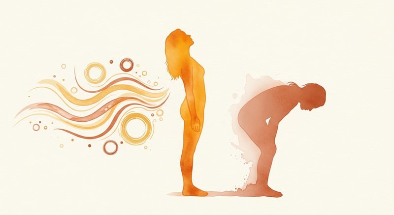 Loose watercolor illustration of an anonymous upright silhouette radiating warm amber energy waves with a faded hunched silhouette behind, conveying vitality rising from posture improvement