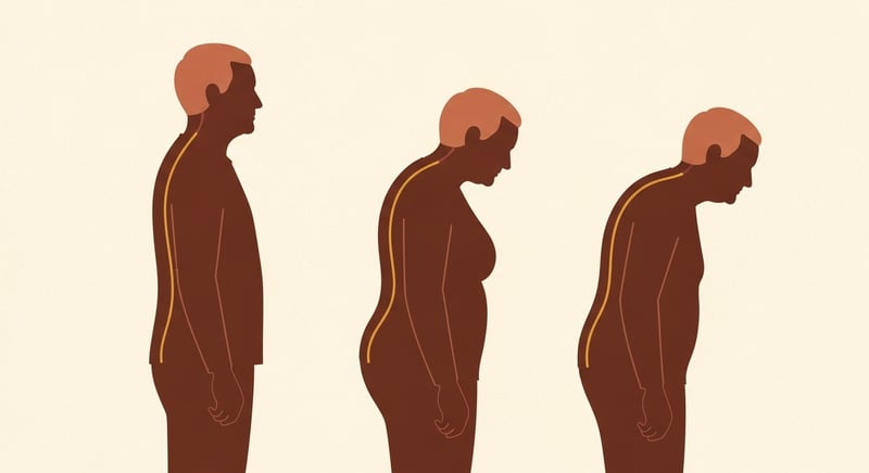 Flat illustration of three side-profile silhouettes arranged in a horizontal row showing progressive thoracic kyphosis severity (mild, moderate, severe), warm honey-gold spinal accents on cream background
