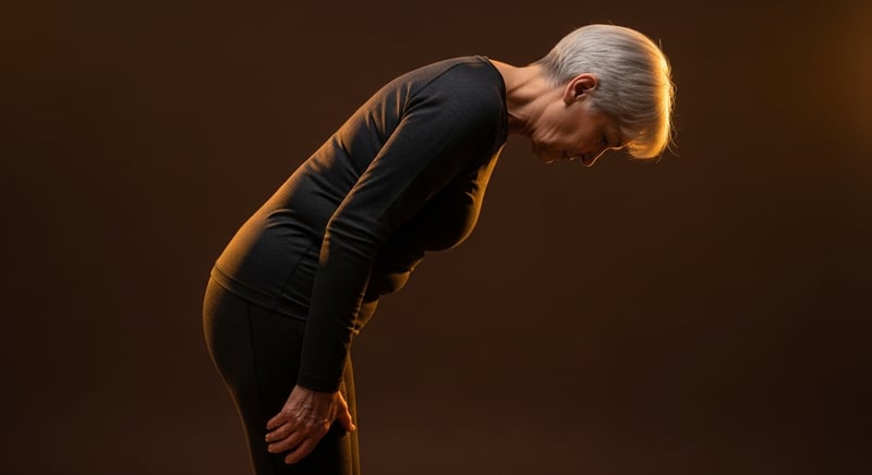 Editorial side-profile photograph of an anonymous older adult standing with head and shoulders pitched forward of the feet, warm honey-gold side lighting, fitted dark charcoal clothing, deep espresso brown background, no identifiable facial features
