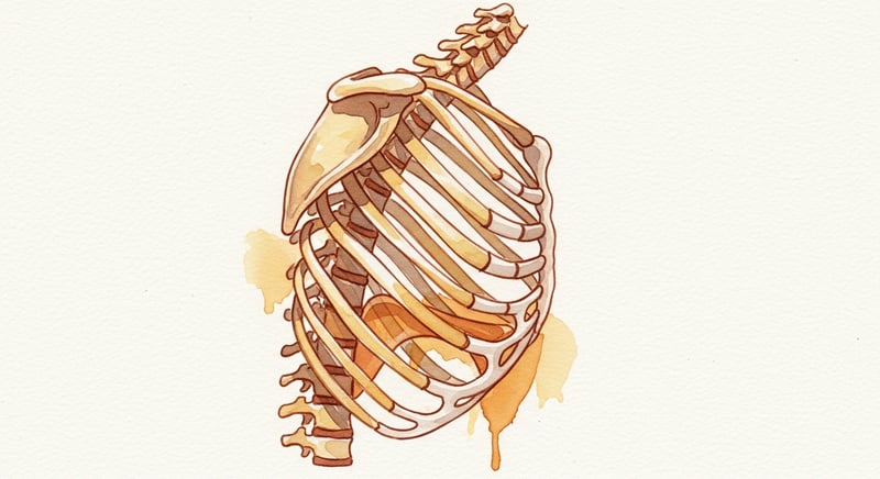 Loose watercolor illustration of a side-view rib cage and thoracic spine showing the rib cage rotated forward and compressed downward under a deepened kyphotic curve, warm honey-gold and terracotta washes on cream paper