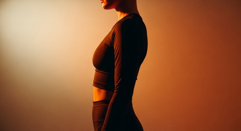Cinematic editorial photograph of an anonymous older adult standing in profile against a soft warm amber background, posture visibly forward-rounded, deep espresso brown shadows