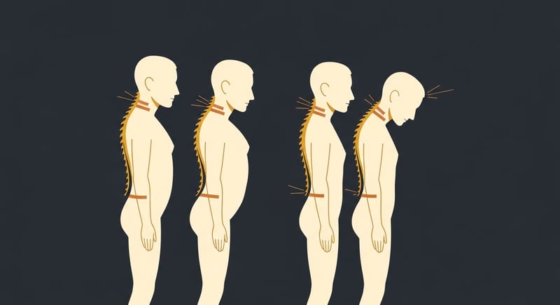 Flat illustration of four anonymous side-profile figures against a dark background, each showing a common spinal deviation: hyperkyphosis, hyperlordosis, flat-back, and forward head posture, with the spine line of each traced in warm honey gold.