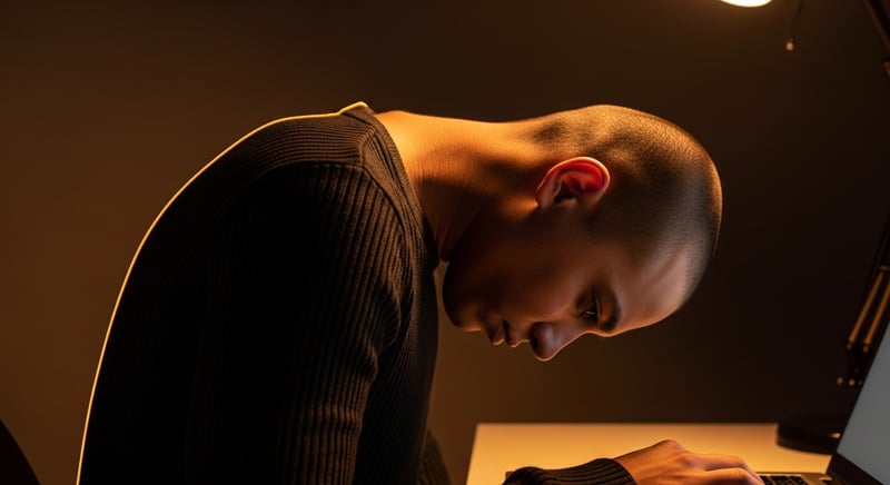 Editorial photograph of an anonymous person hunched over a laptop at a desk in classic tech-neck posture, warm amber side-lighting tracing the curved line of the spine and rounded shoulders.