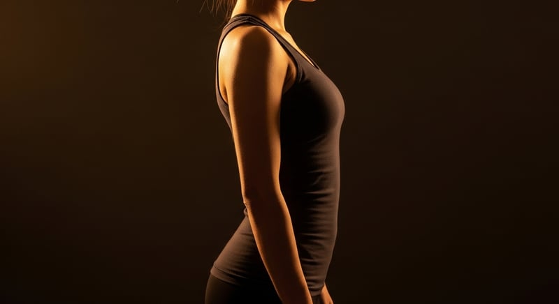 Editorial side-profile photograph of an anonymous figure standing upright, the natural S-curve of the spine visible through a fitted charcoal top under warm amber lighting.
