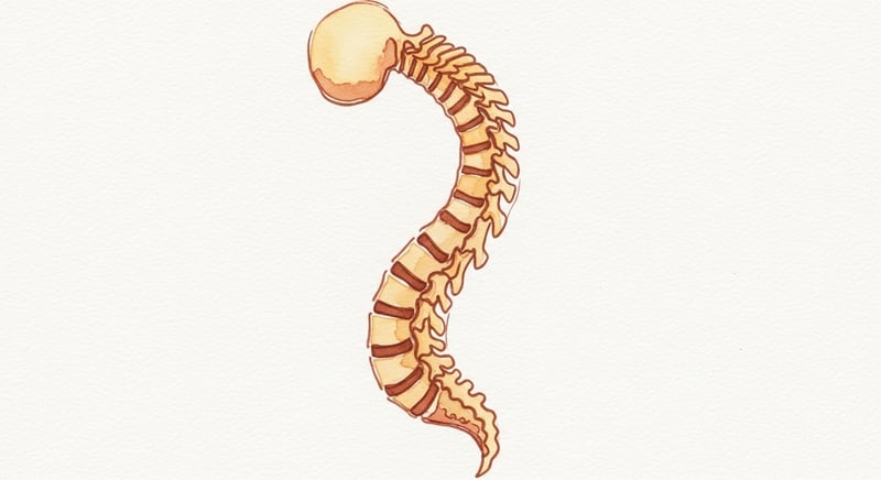 Watercolor illustration of a human spine in side profile showing all four natural curves, rendered in warm honey and terracotta tones on cream paper.