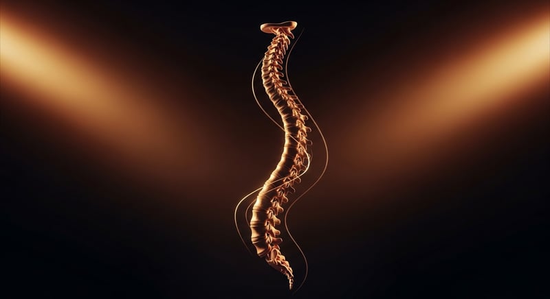 Watercolor side-profile illustration of a human spine tracing its four natural curves in warm amber and gold against a cream background.