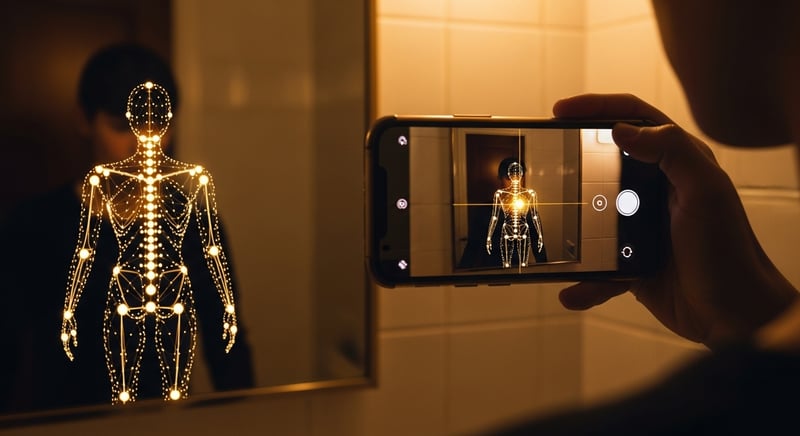 Editorial photograph of an anonymous hand holding a smartphone with its camera facing a mirror, the phone screen showing an abstracted camera app with a warm-gold pose-tracking skeleton overlay on the torso visible in the mirror reflection