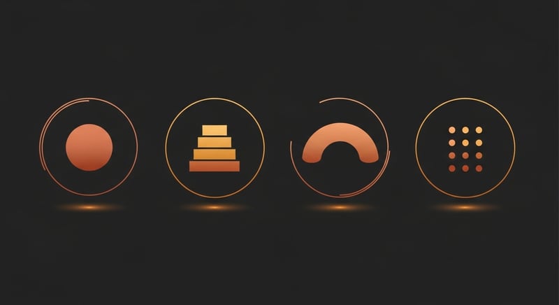Minimal flat geometric illustration on dark charcoal showing four equally-sized abstract shapes arranged in a horizontal row, each a different geometric form (a small filled circle, a stacked-bar diagram, a curving arc, and a square grid), in warm amber, honey-gold, terracotta, and muted copper tones, representing four distinct research domains