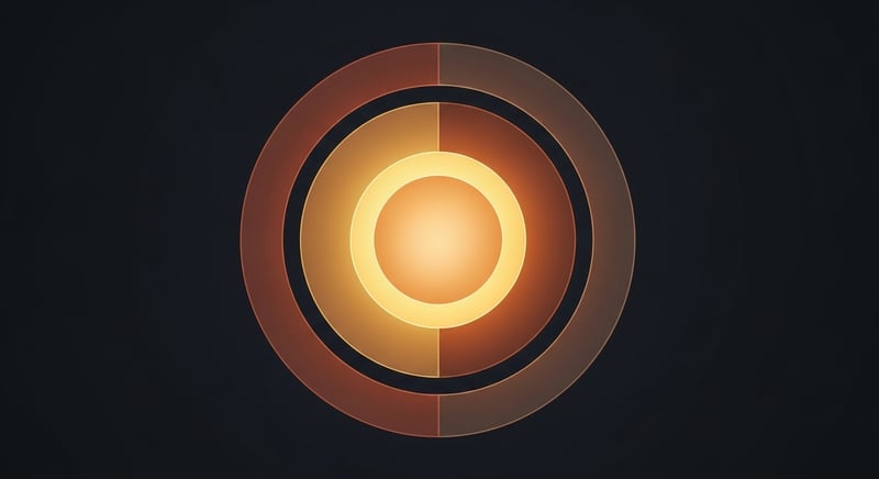Clean geometric abstract composition on dark charcoal background showing two large concentric circles in warm amber and muted copper, the inner circle filled and brighter, the outer circle dim and partially translucent, suggesting different layers of memory access shifting in prominence