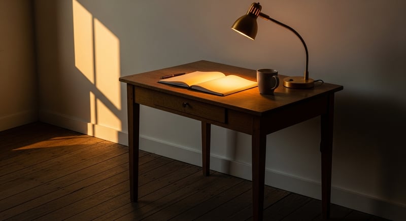 Cinematic still life photograph of a quiet wooden desk with an open paper notebook, a single ceramic mug, and a small reading lamp casting warm amber light over a soft cream wall, deep espresso shadows, no human figures or hands