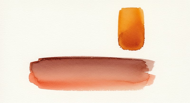 Loose watercolor illustration on cream paper showing two abstract painterly horizontal forms paired: a horizontal flowing wash of muted terracotta below representing a supine state, and a vertical column of warm honey-gold above representing an upright sitting state, no human figures, generous bone-white negative space