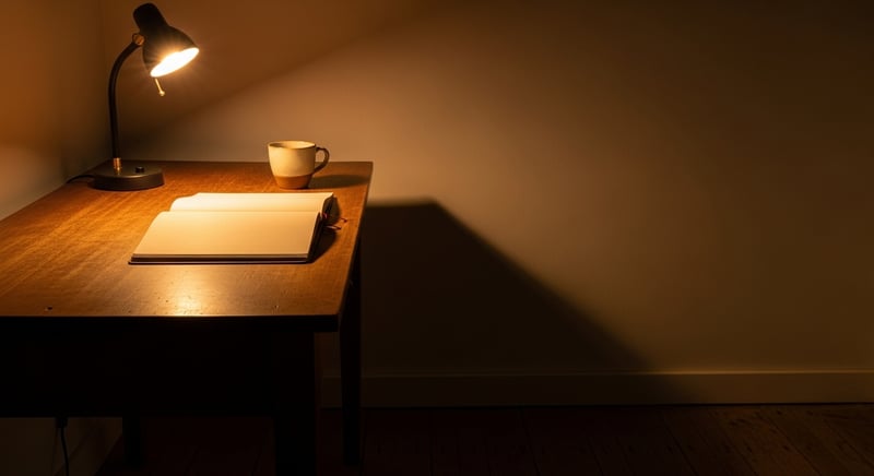 Cinematic still life photograph of an empty wooden desk with an open paper notebook, a single ceramic mug, and a small reading lamp casting warm amber light, no human figures