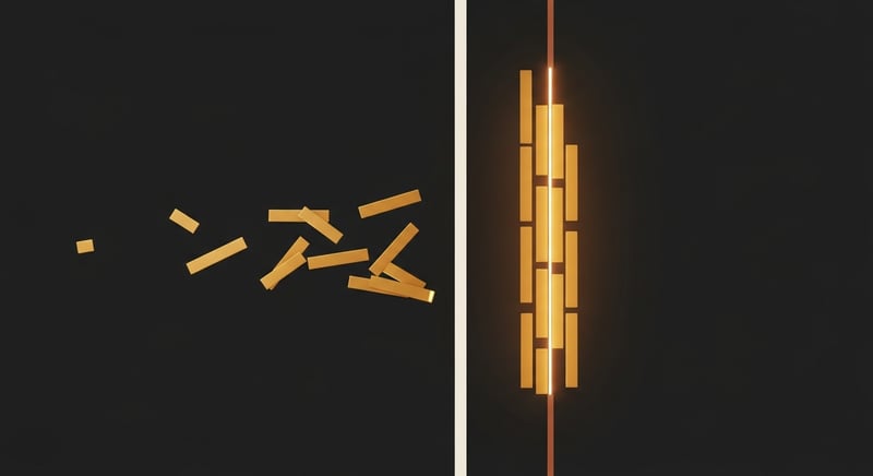 Abstract geometric illustration contrasting scattered fragmented bars representing muscle deconditioning with a unified vertical column representing built strength