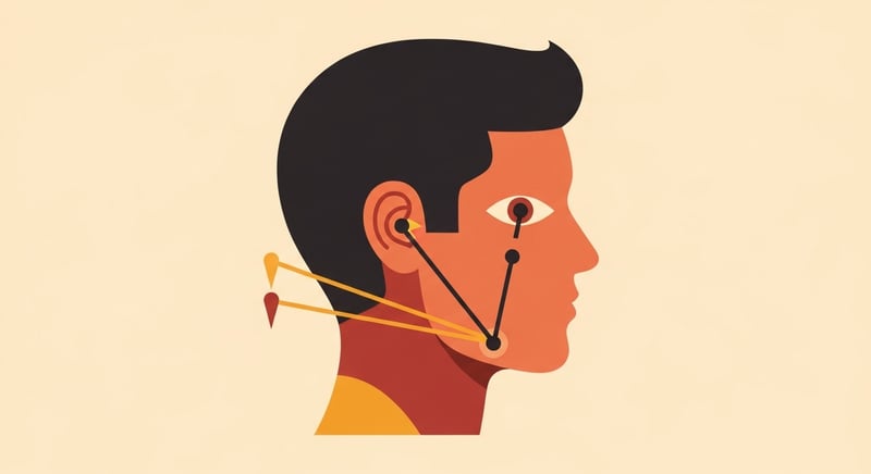 Minimal flat illustration of a head in profile with three inputs drawn as lines converging on a central balance point, one from the inner ear, one from the eye, and one from the neck, in warm honey-gold and terracotta