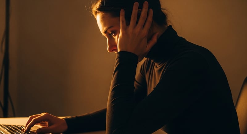 Editorial photograph of an anonymous person at a desk pausing with a hand to the side of the head and neck, looking momentarily unsteady, warm amber lighting, face cropped above the nose