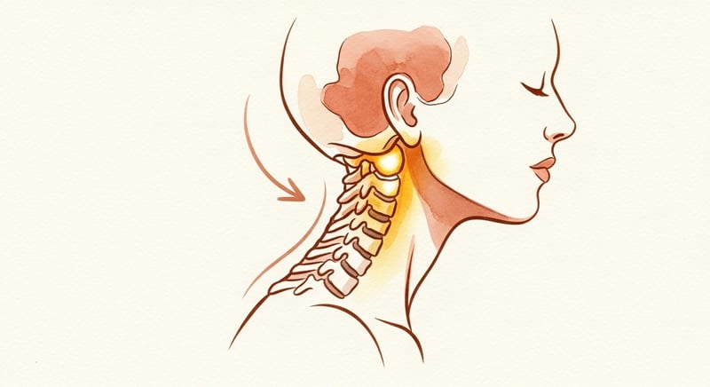 Loose watercolor illustration of a side-profile neck and upper spine with gentle rotation arrows, warm honey-gold highlighting the upper cervical joints where balance sensors sit