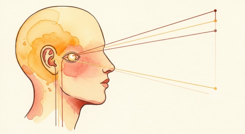 Loose watercolor illustration in warm honey-gold and terracotta of a head and neck with the inner ear, eyes, and neck sensors drawn as three glowing inputs converging on a balance point