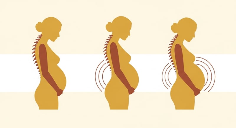 Watercolor illustration showing posture changes across the three trimesters of pregnancy