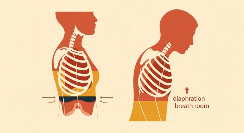Minimalist flat illustration on warm cream background showing two side-profile figure silhouettes side by side, the left figure upright with the chest open and the diaphragm low, the right figure slouched with the ribcage compressed and the diaphragm crowded, painted in honey-gold and terracotta and deep espresso brown, no identifiable facial features