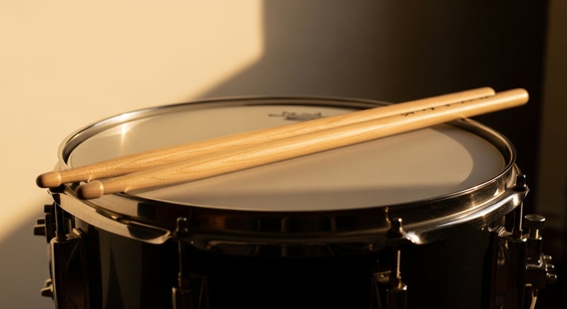 Cinematic still life photograph of a pair of wooden drumsticks resting at an angle on the head of a snare drum, warm amber side-light catching the wood grain and the drum-skin texture, deep espresso shadows, no human figures or hands