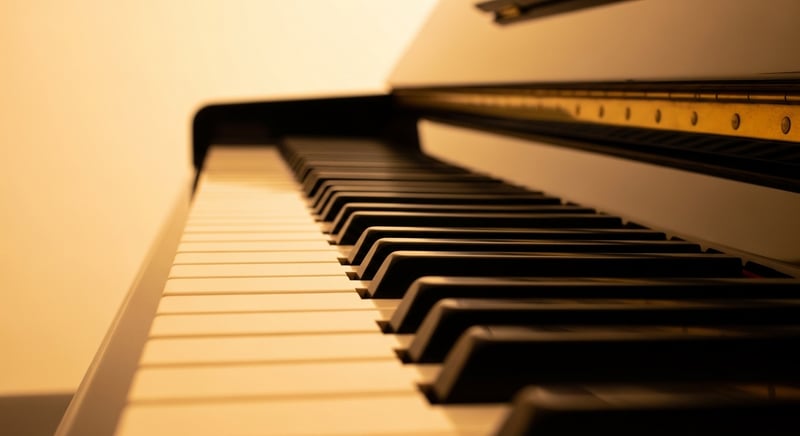 Cinematic still life photograph of a close-up section of piano keys in side view with warm amber side-light catching the cream and deep-espresso key tops, soft shadow under the keyboard, no human figures or hands