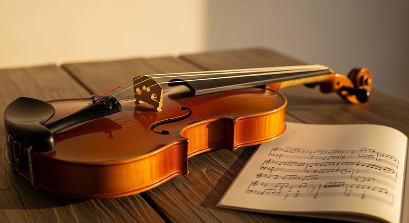Cinematic still life photograph of a violin resting on a weathered wooden table beside an open page of sheet music, warm amber afternoon light catching the wood grain and varnished violin body, deep espresso shadows, no human figures or hands