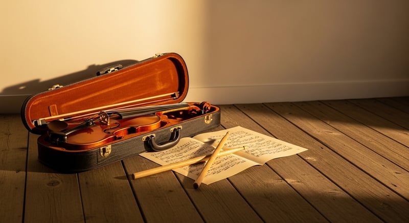 Cinematic still life photograph of a violin in its open case beside a stack of sheet music and a pair of drumsticks resting on weathered wood floor planks, warm amber afternoon light, no human figures