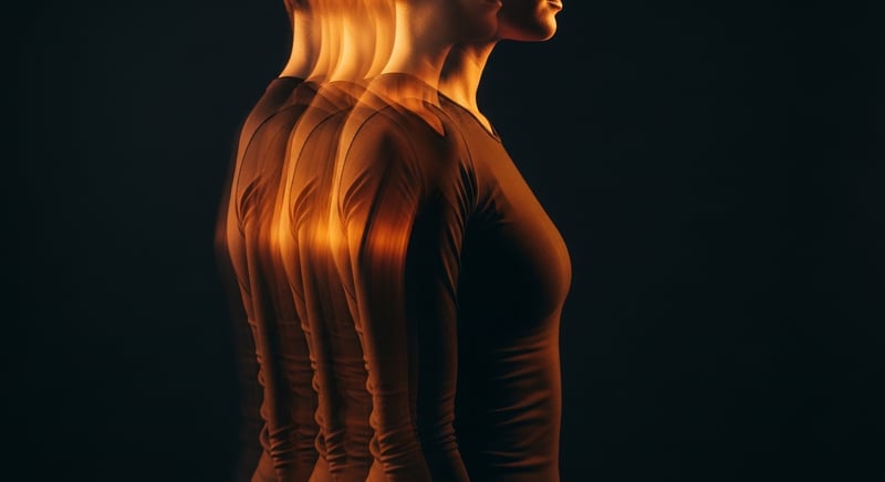 Anonymous torso shown in overlapping positions with motion blur, suggesting the body is built for movement between positions rather than one perfect fixed posture