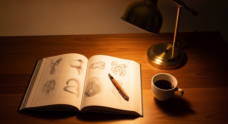 Abstract DNA double-helix molecular structure in gold and terracotta geometric shapes on dark background