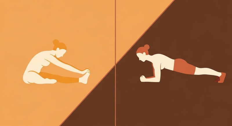 Flat split illustration with a figure in a deep forward fold on the honey gold left side and a figure holding a plank on the terracotta right side