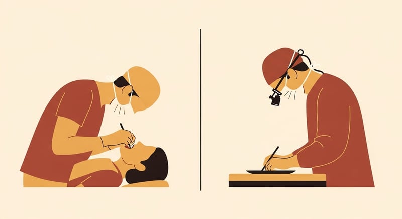 Minimalist flat illustration of two silhouettes side by side, a dentist leaning over a patient and a surgeon at an operating table, both with heads deeply flexed forward in sustained cervical flexion, warm honey-gold and terracotta on cream paper