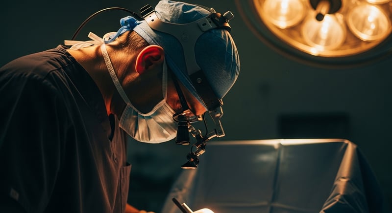 Cinematic editorial photograph, side-profile of an anonymous surgeon in dark scrubs working at an operating table through frame-mounted surgical loupes, head deeply flexed forward toward the field, warm amber side-light from the left, deep espresso shadows, face cropped above the nose
