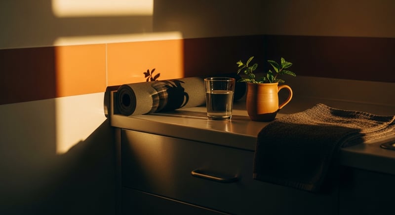 Cinematic still life photograph of a quiet corner of an operating theater scrub area in late-afternoon light, a small rolled foam mat resting against a stainless-steel cabinet, a glass of water on the counter beside a clay mug, warm amber light spilling across the polished floor