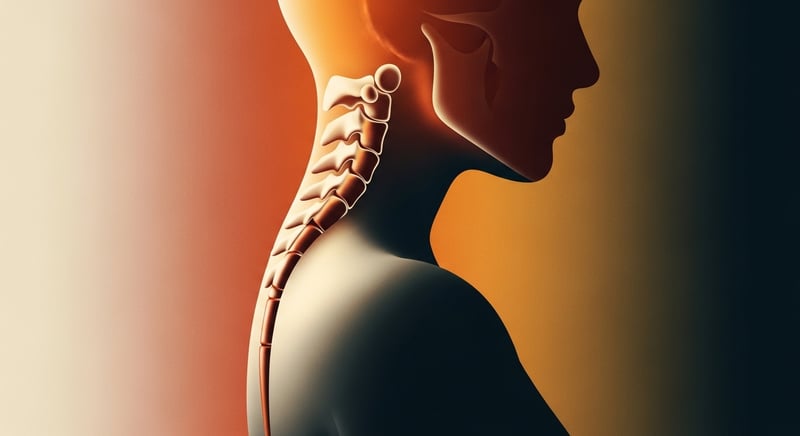 Side-profile watercolor illustration of an anonymous surgeon and dentist working in sustained cervical flexion over an operative field, warm honey-gold and terracotta on cream paper