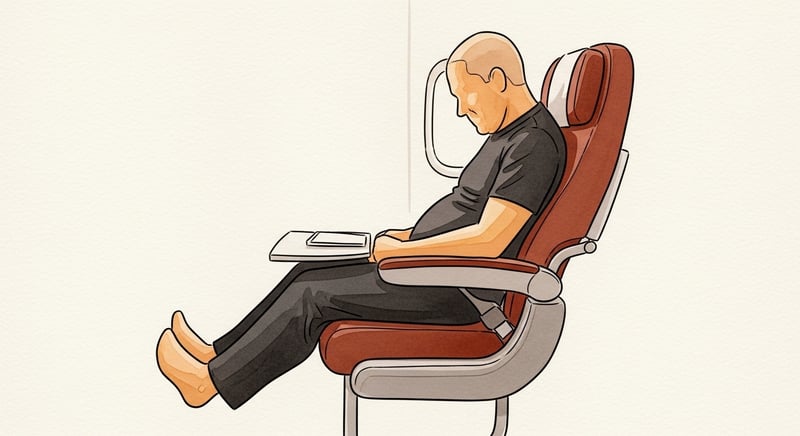 Loose watercolor illustration on cream paper of a side-profile passenger seated in a coach airline seat, slumped lower back, knees elevated by the cramped legroom, the lower legs and feet barely touching the floor, painted in warm honey-gold and terracotta and deep espresso brown washes
