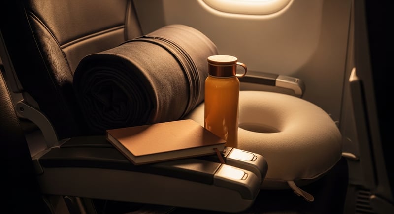 Cinematic editorial side-profile photograph of an anonymous passenger seated in a coach airline seat with slumped lower back and forward head, warm honey-gold side-lighting against deep espresso brown shadows, no identifiable facial features