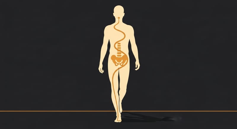 Minimalist flat illustration of an anonymous human silhouette walking forward, with the spine drawn as a continuous warm honey-gold S-curve threading through the body from the base of the skull to the pelvis, on dark charcoal background
