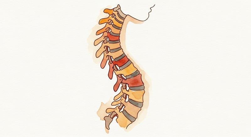 Loose watercolor side-profile of a human spine showing the four natural curves, the cervical region at the neck, the thoracic region at the upper back, the lumbar region at the lower back, and the sacral region at the base, painted in warm amber and terracotta on cream paper