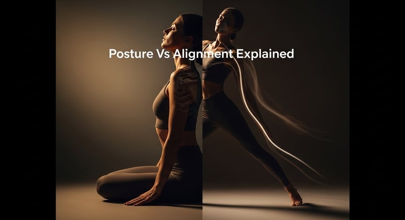 Side-by-side flat illustration of one figure standing still showing skeletal alignment and the same figure mid-walk showing dynamic posture, in warm amber and honey gold on cream background